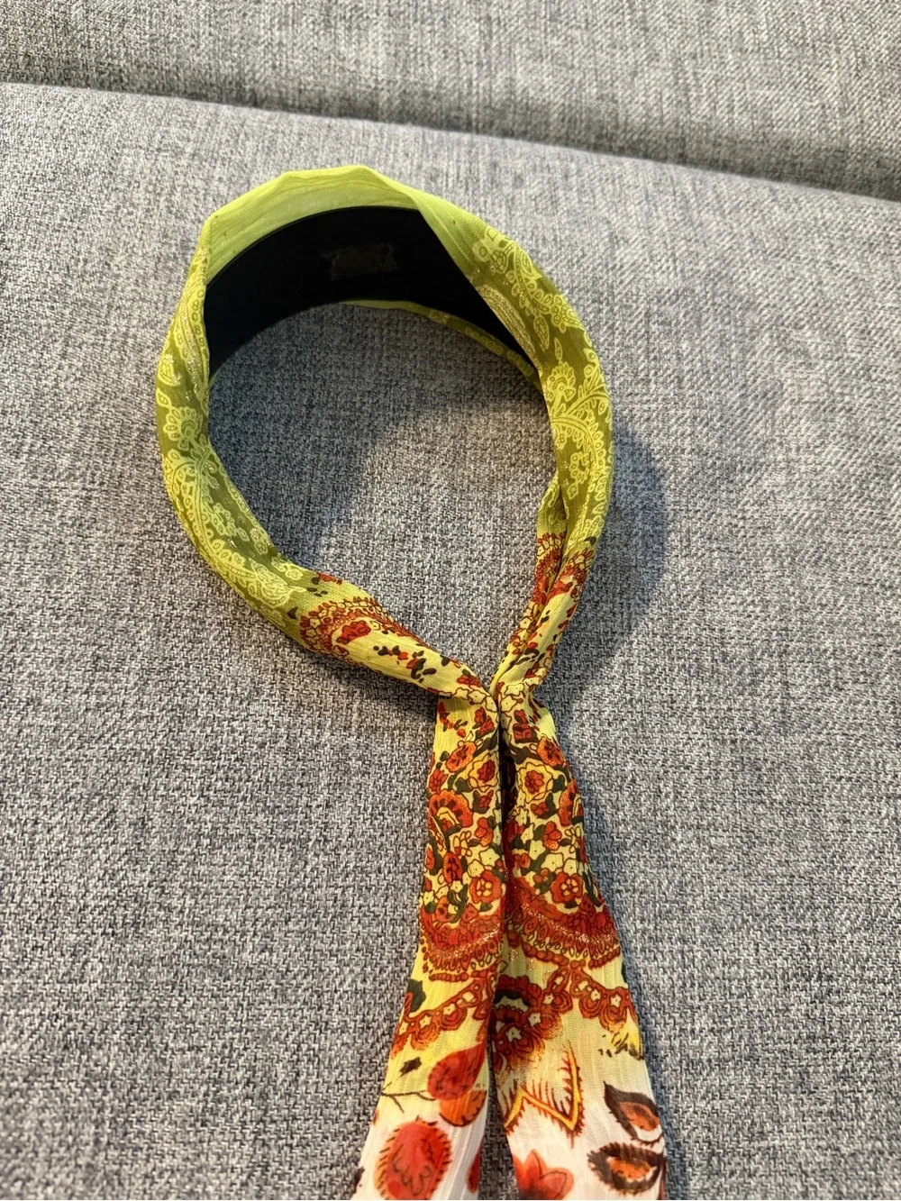 Paisley Print Green/Orange Silk Scarf Headband with shimmering threading
